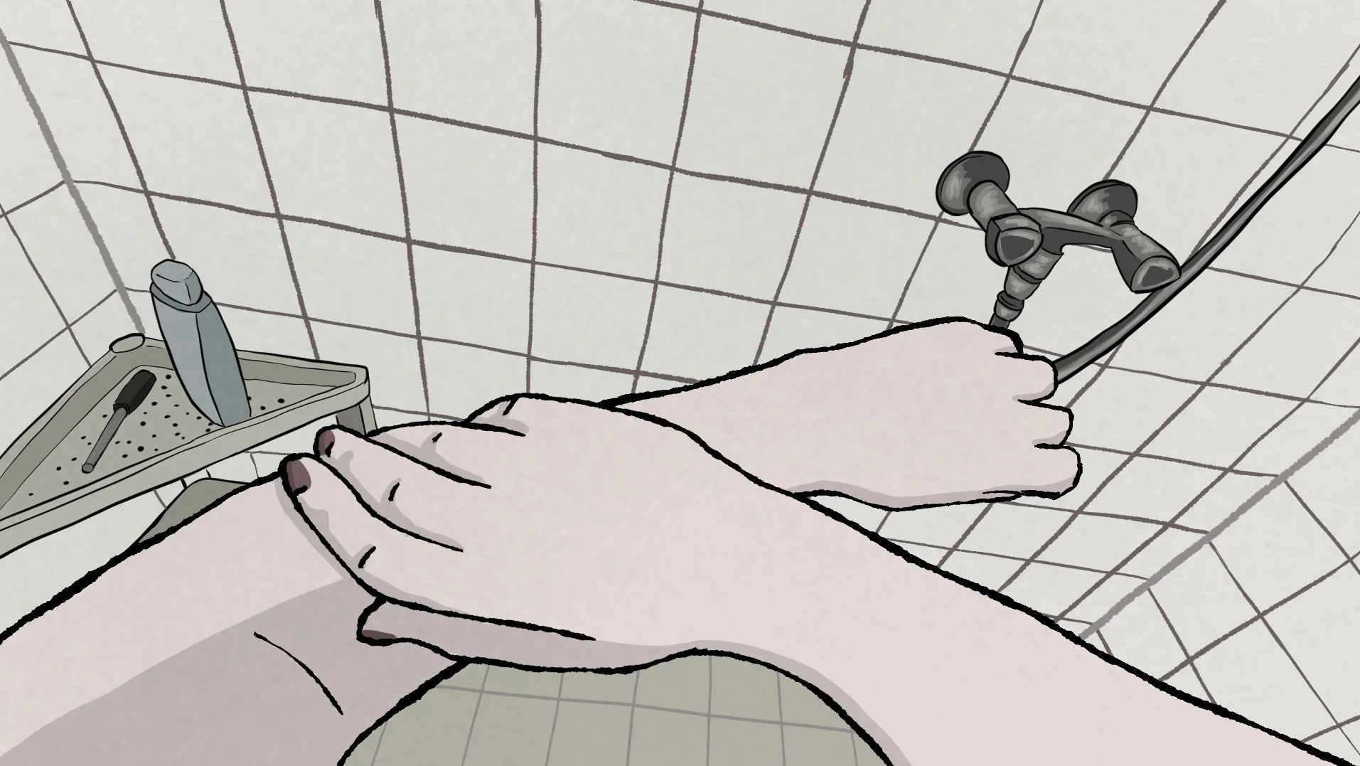 A person washing their hands in a bathroom. There is a hand soap dispenser and a small shelf with a black razor on it. The tiled walls are visible in the background.