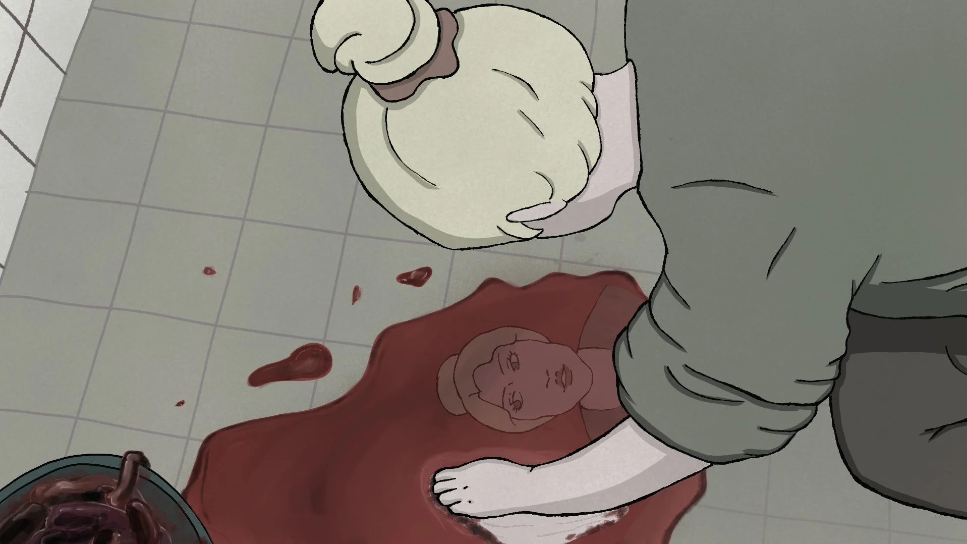 A person kneeling on the floor, holding their face in their hands, with blood and a woman's face in a puddle of blood on the floor next to them. There is also a bowl of intestines nearby.