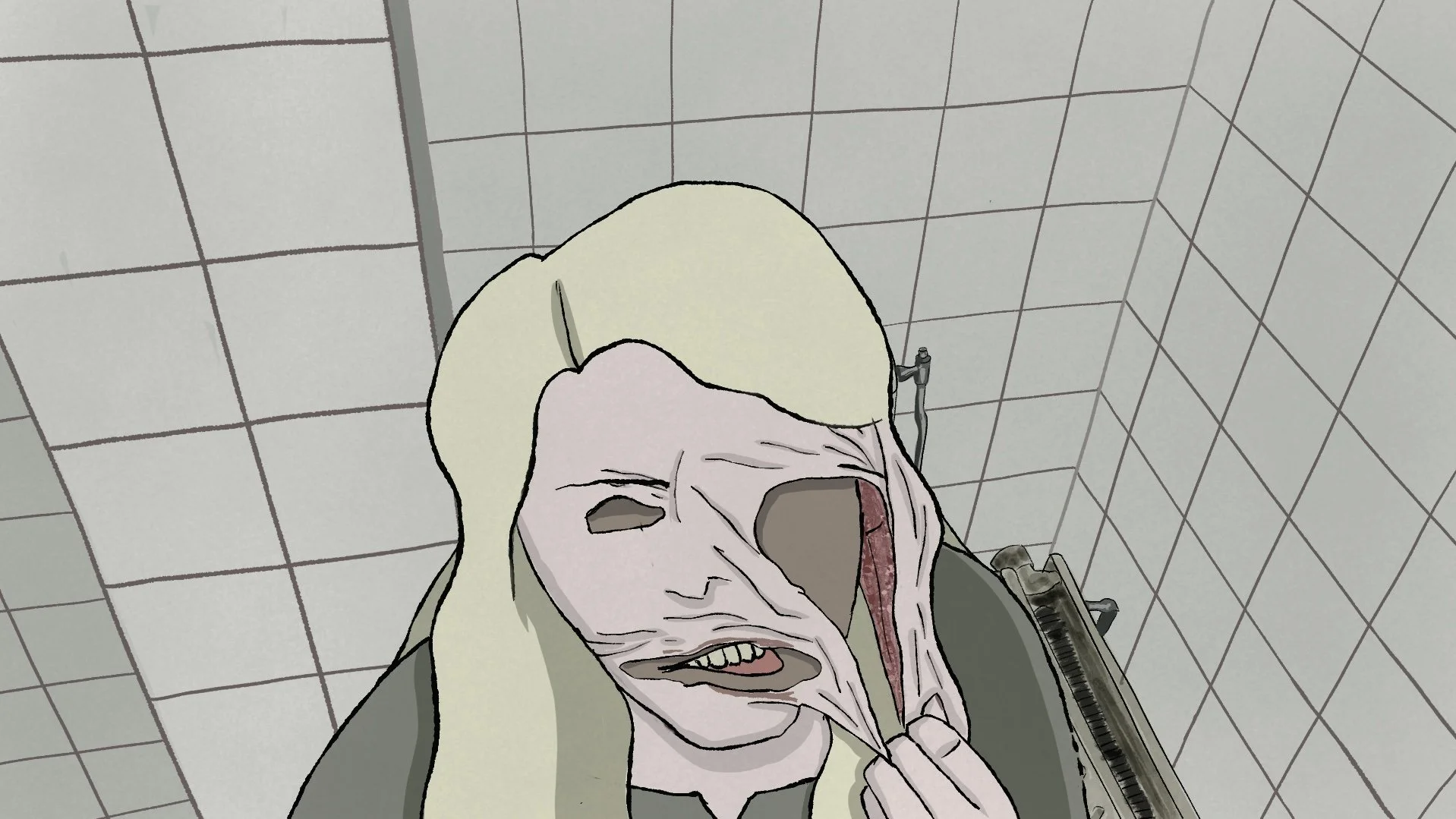 A digital illustration of a woman with blonde hair and a distressed expression, in a tiled room.