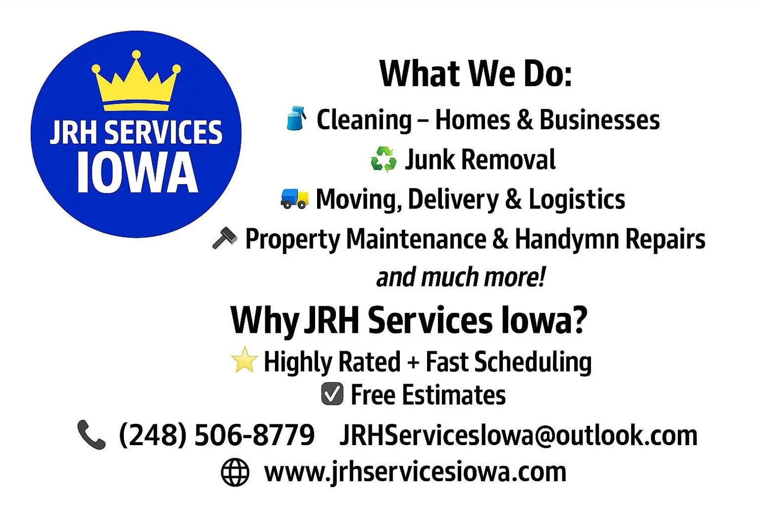 JRH Services Iowa- Professional Services- Cleaning, Waste Removal, Property Maintenance, Moving and More!