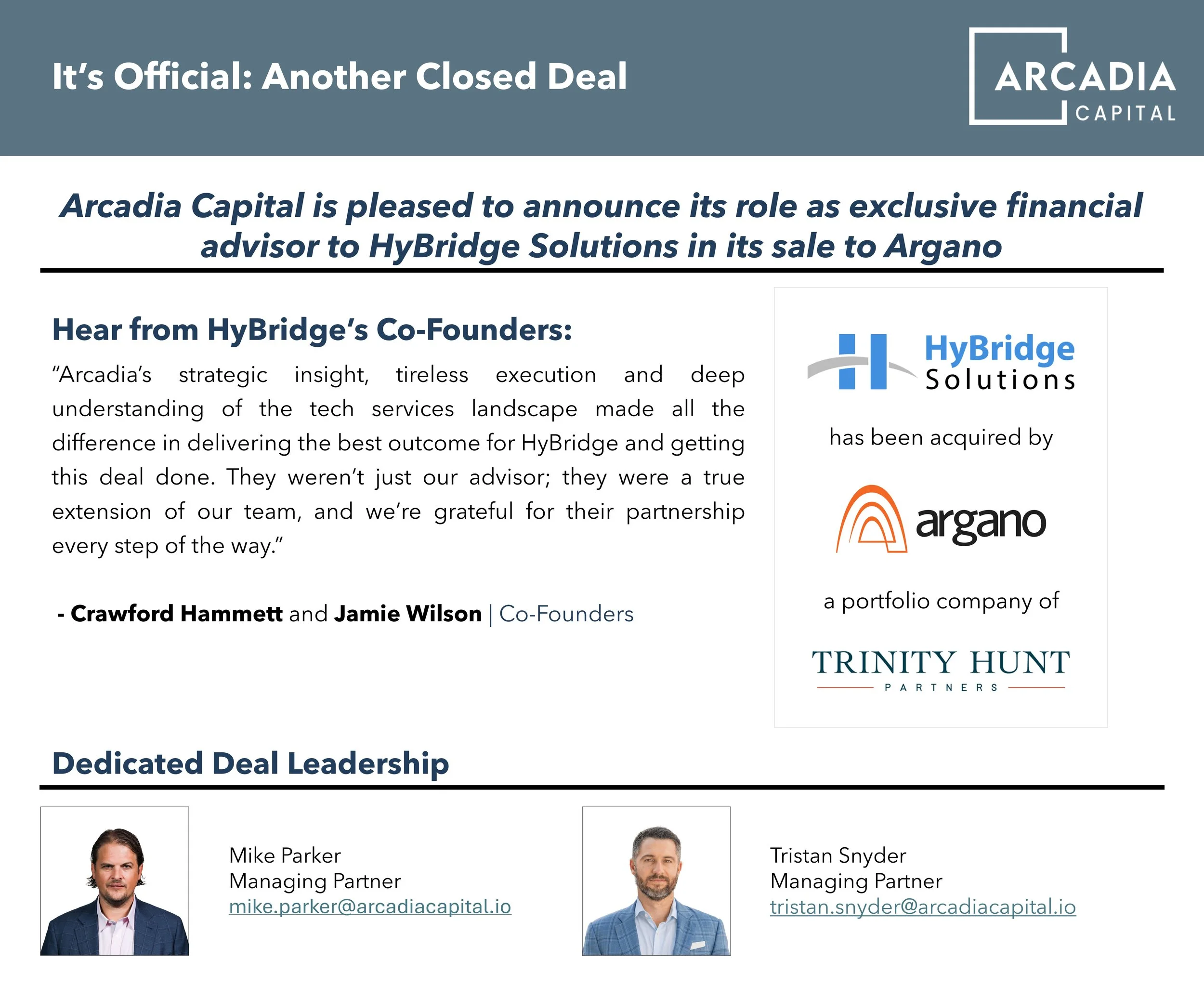 Arcadia Capital Advises HyBridge Solutions on Strategic Sale to Argano
