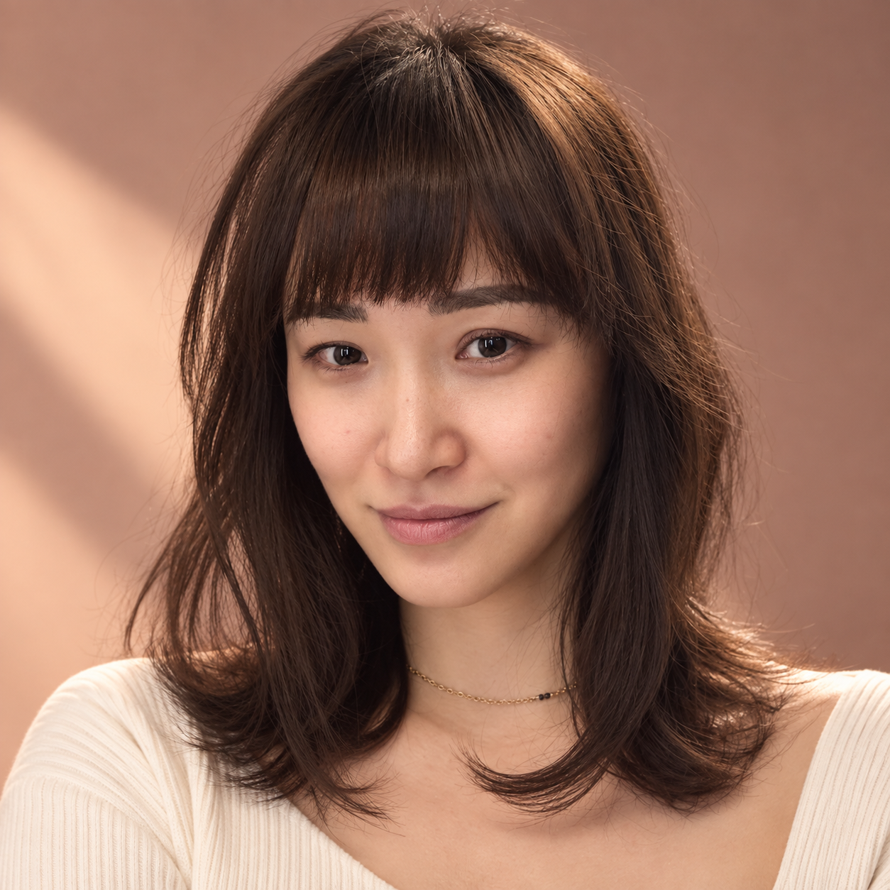 Portrait of a young woman with shoulder-length brown hair and bangs, wearing a cream-colored top and a delicate gold necklace, smiling softly at the camera against a warm, softly blurred background.