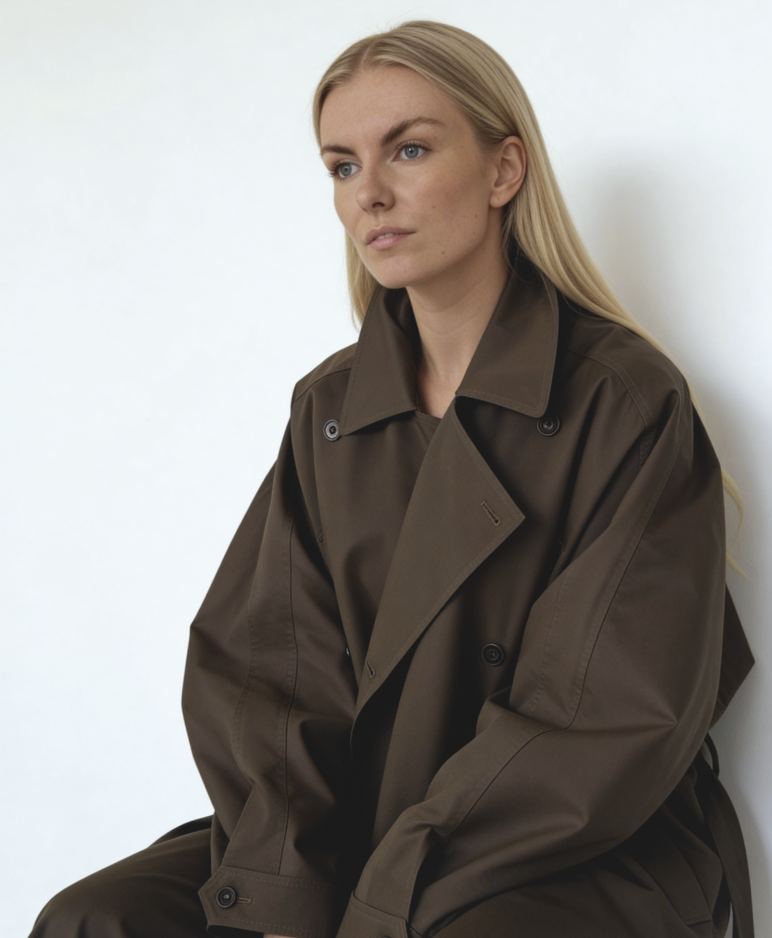 Portret van een vrouw met blond haar in een bruine jas zittend tegen een witte muur.