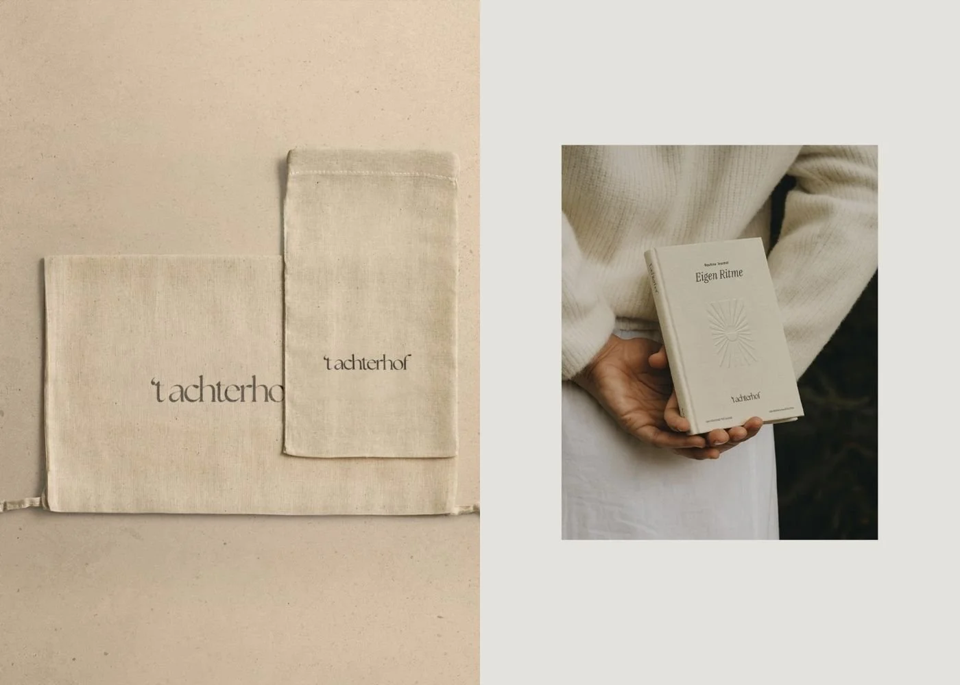 Twee boeken en twee stoffen zakdoeken met de tekst 'achterhof' erop, en een persoon die een van de boeken vasthoudt, allemaal in een minimalistische stijl met neutrale kleuren.
