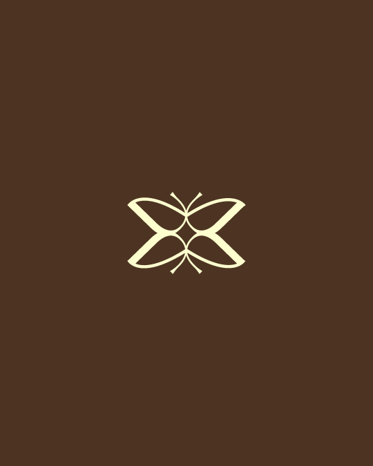 Minimalist beige butterfly logo on a brown background.