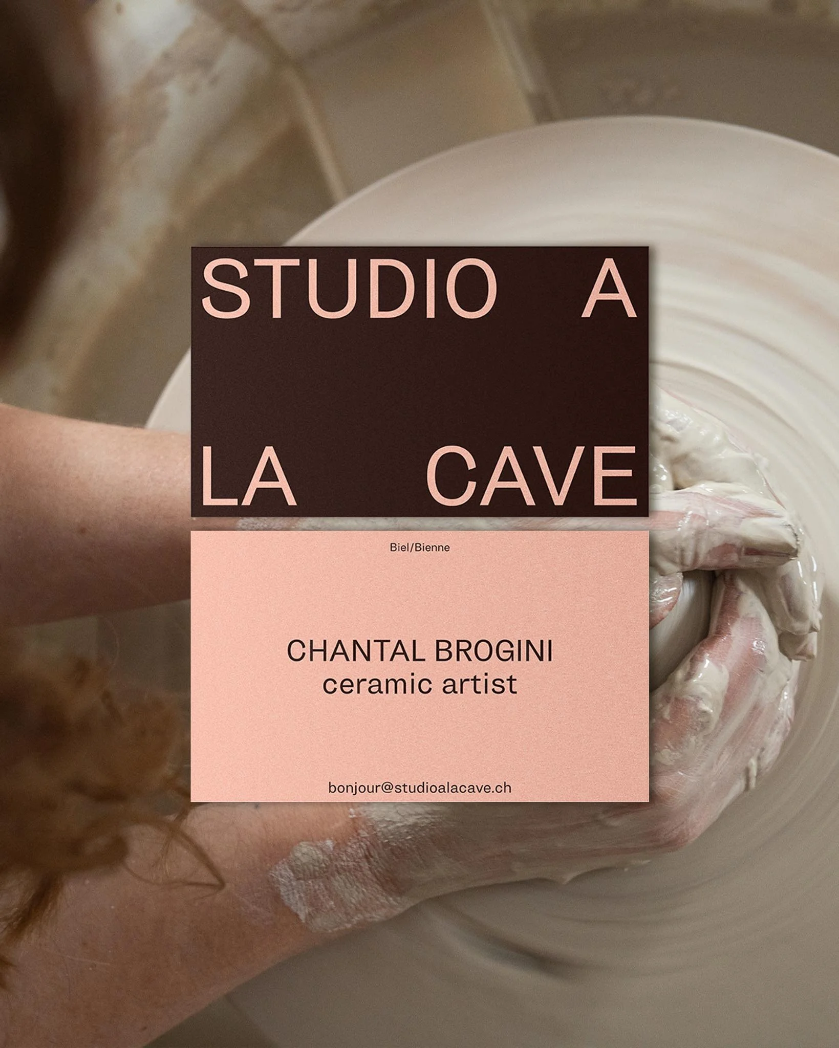 A woman shaping clay on a pottery wheel, with a pink overlay box showing a business card for Chantal Brogini, a ceramic artist, including contact information.