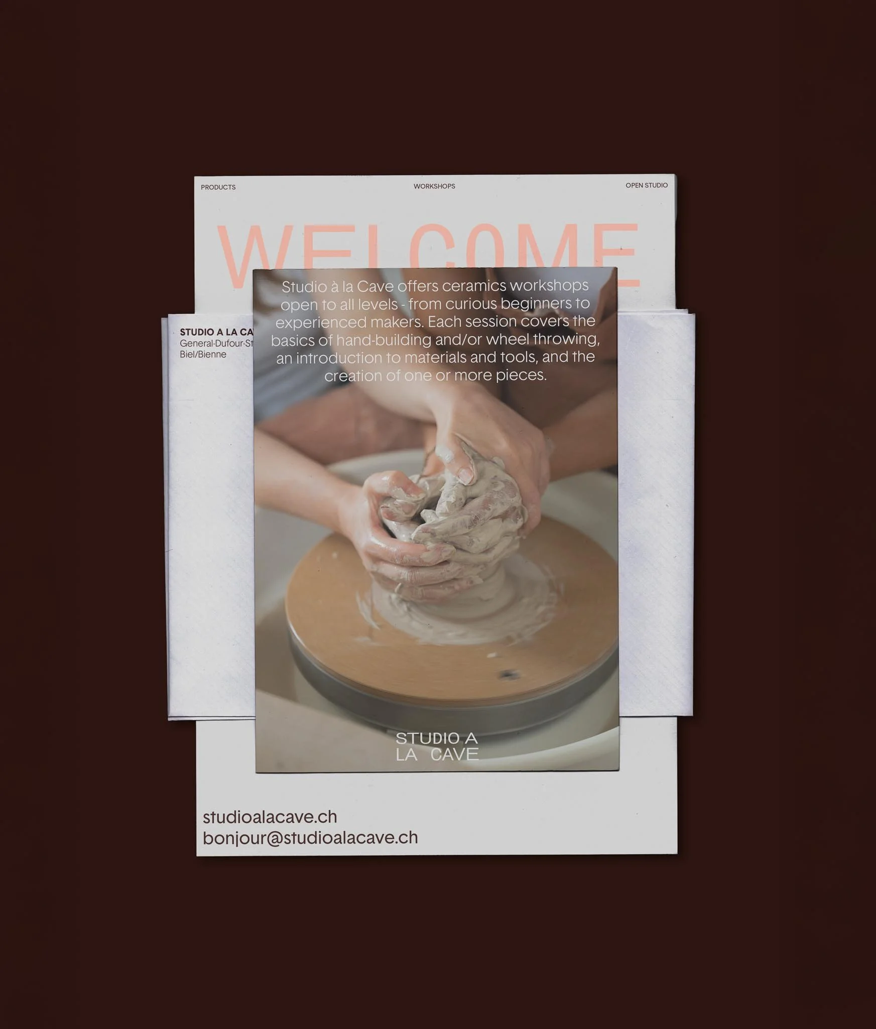 Promotional flyer for Studio à la Cave ceramics workshops, featuring a person shaping clay on a pottery wheel, with contact details and workshop description.