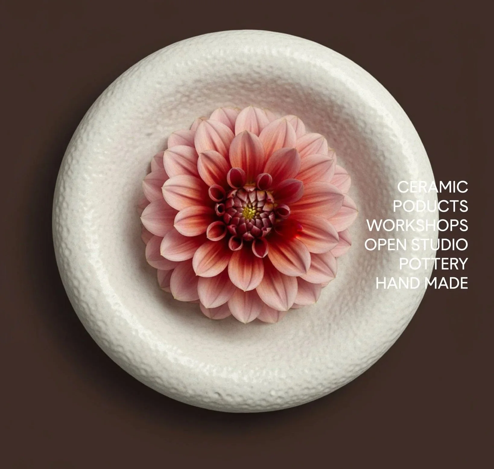 A pink flower placed inside a white ceramic bowl, with text overlay listing ceramic products and services.