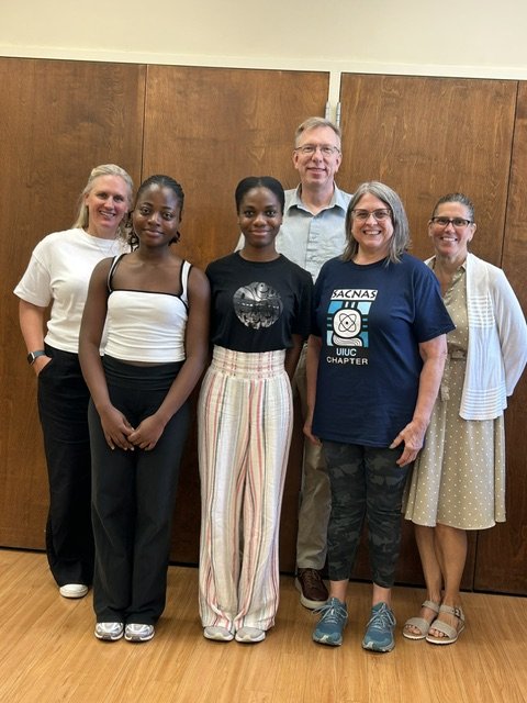2026 annual HHMI visit and Cech Fellow celebration. L to R: Anne Kalmer Cainion, Louisa Tetteh, Omolara Olatunji, Wilfred, Nan, Kathy Cobb-Spasoff