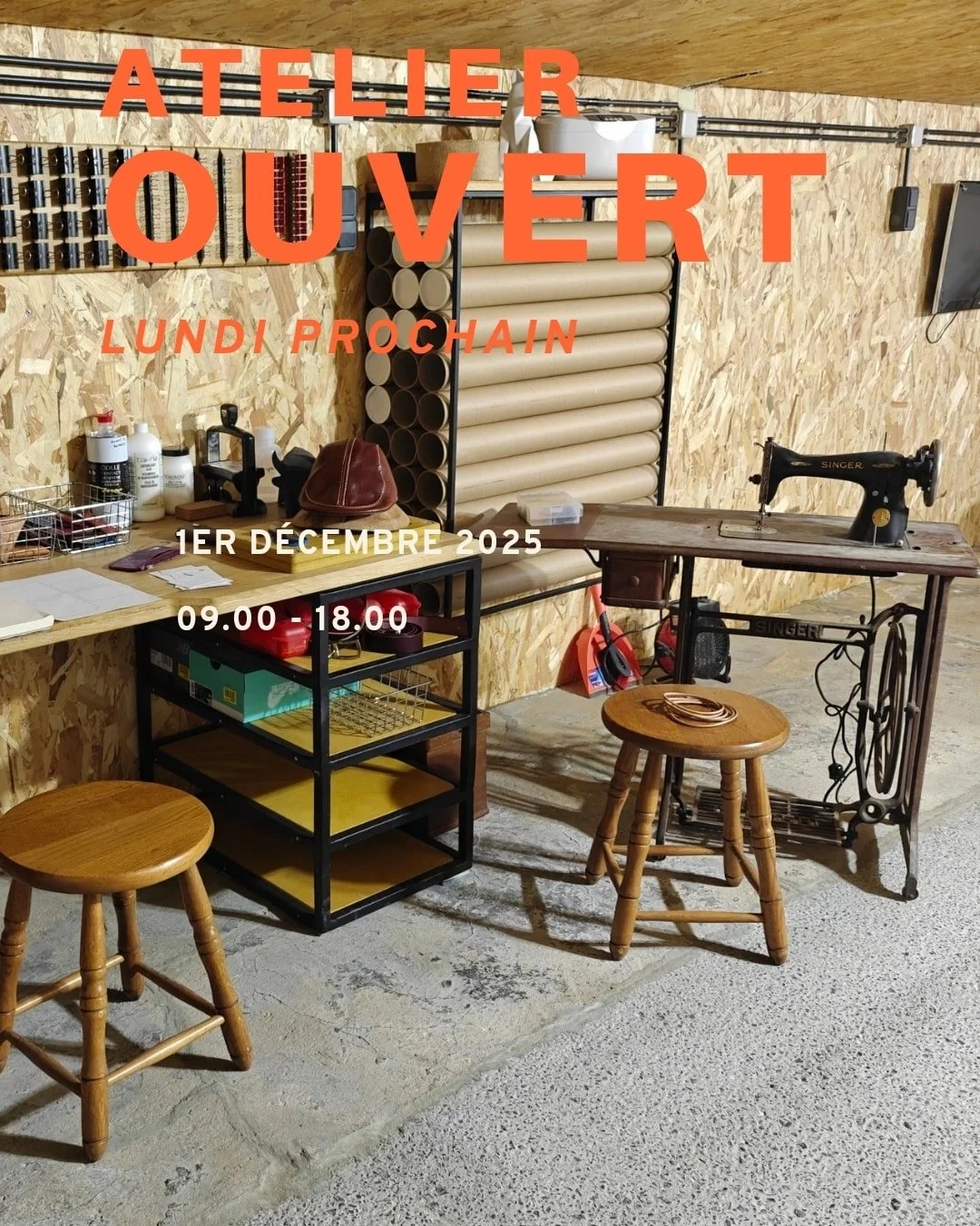 L'atelier sera ouvert ce lundi 1er d&eacute;cembre !
Exceptionnellement, et comme tous les lundis de d&eacute;cembre, l&rsquo;atelier sera accessible sans rendez-vous de 9 h &agrave; 18 h.

Vous pourrez passer pour &eacute;changer autour du cuir, d&e