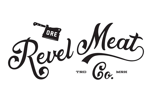 A logo for Revel Meat Co. featuring the words "Revel Meat" in stylized black script. There is a butcher's cleaver with the word "ORE" on it, integrated into the design, with the initials "TRD" and "MRK" below.