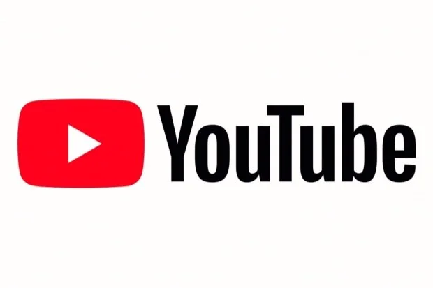 YouTube logo with red play button and black text on a white background