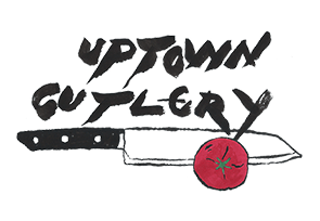 Handwritten text 'UPTOWN GUTTERY' with a tomato and a large knife