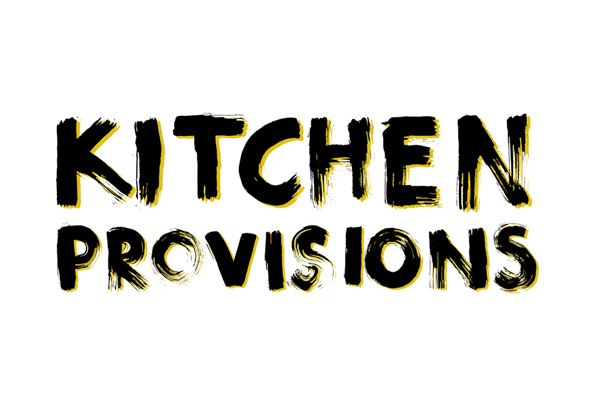 Text graphic with the words "KITCHEN PROVISIONS" in black and yellow font on a white background.