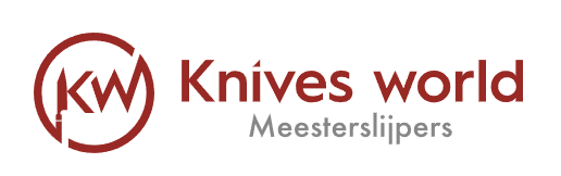 Knives World logo with red circular emblem and text 'Knives world' and smaller text 'Meesterslijpers'