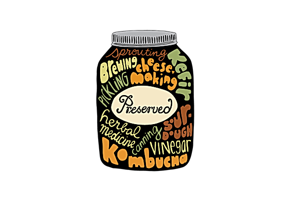 A jar illustration with colorful words related to pickling and fermenting, including 'sprouting,' 'cheese making,' 'pickling,' 'culturing,' 'preserved,' 'herbal medicine,' 'soul dough,' 'vinegar,' 'kimchi,' and 'mucao'.
