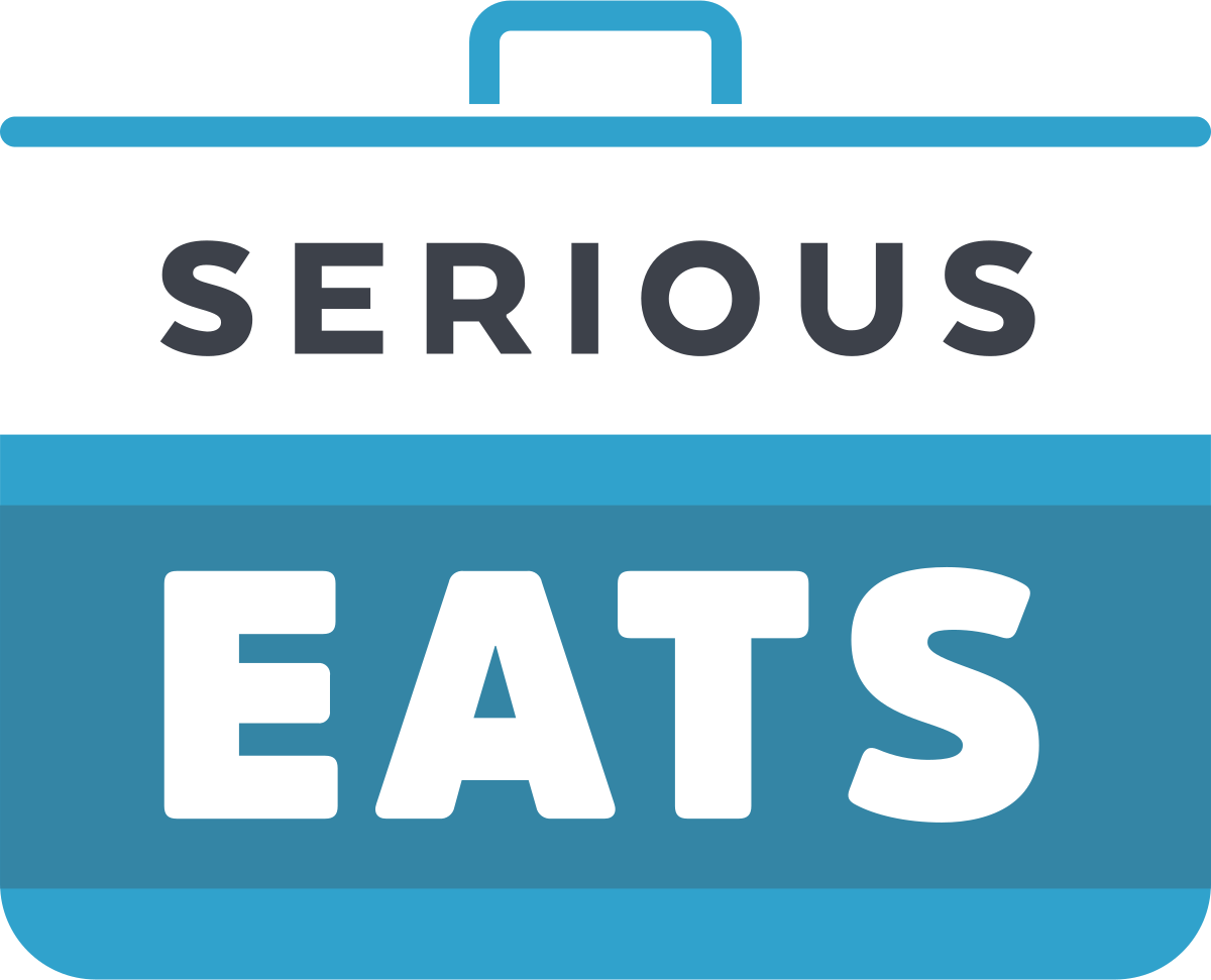 A sign that reads 'Serious Eats' with a stylized blue shopping bag graphic on top.