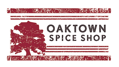 Logo for Oaktown Spice Shop featuring a red oak tree and horizontal red and white stripes.