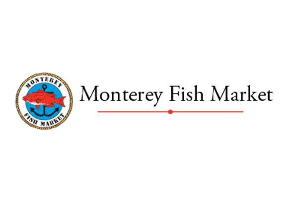Logo of Monterey Fish Market featuring a red fish on a blue background with the text "Monterey Fish Market" to the right.