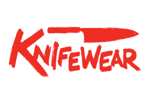 Logo with the text 'KnifeWear' in red, stylized with a knife illustration integrated into the design