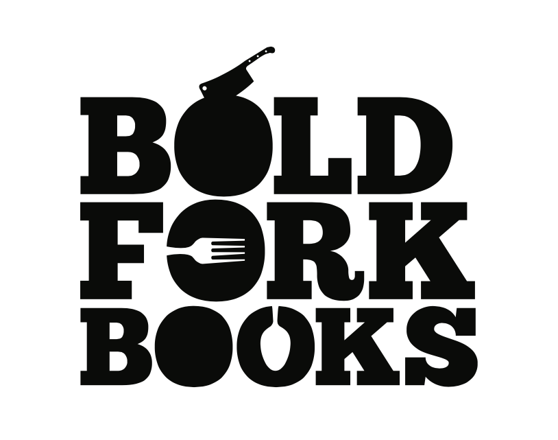 Logo for Bold Fork Books featuring a stacked text design with a chef's knife, fork, and plate incorporated into the words.