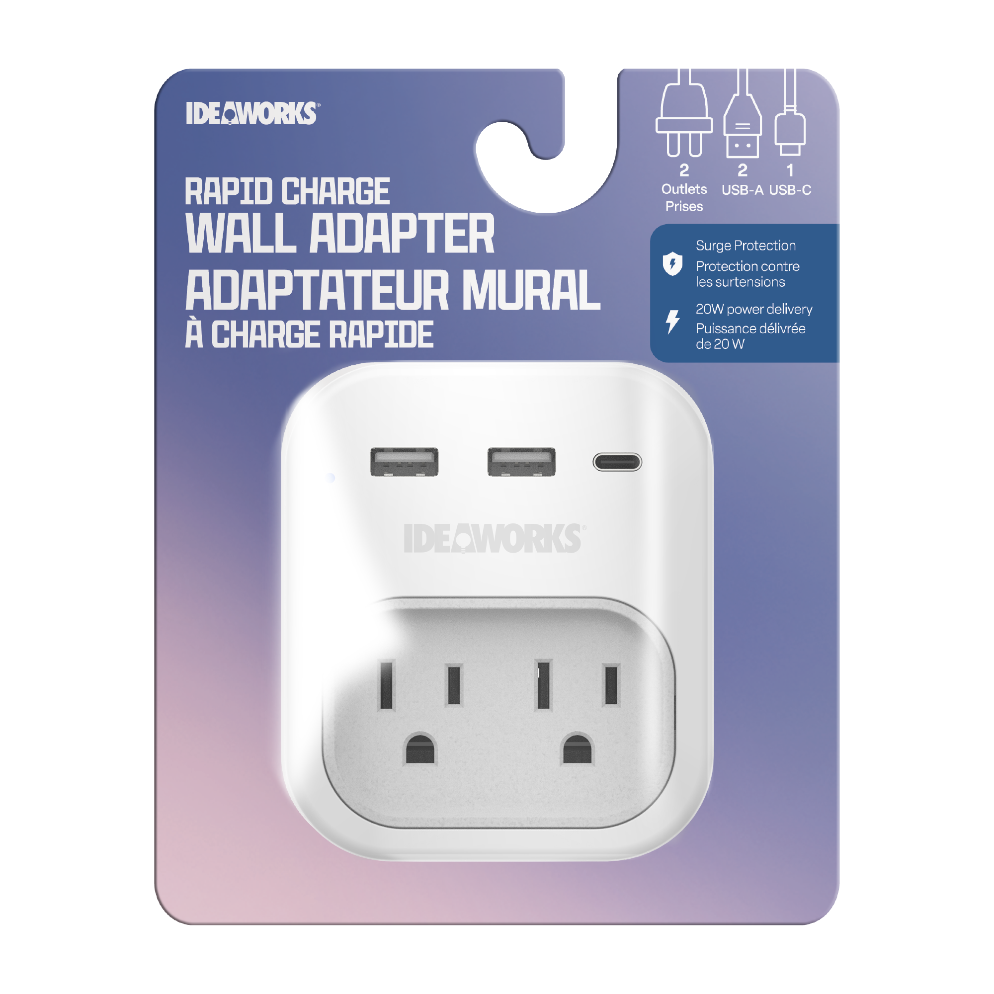 2 Outlet, 3 USB Rapid Charge Adapter - White -J120