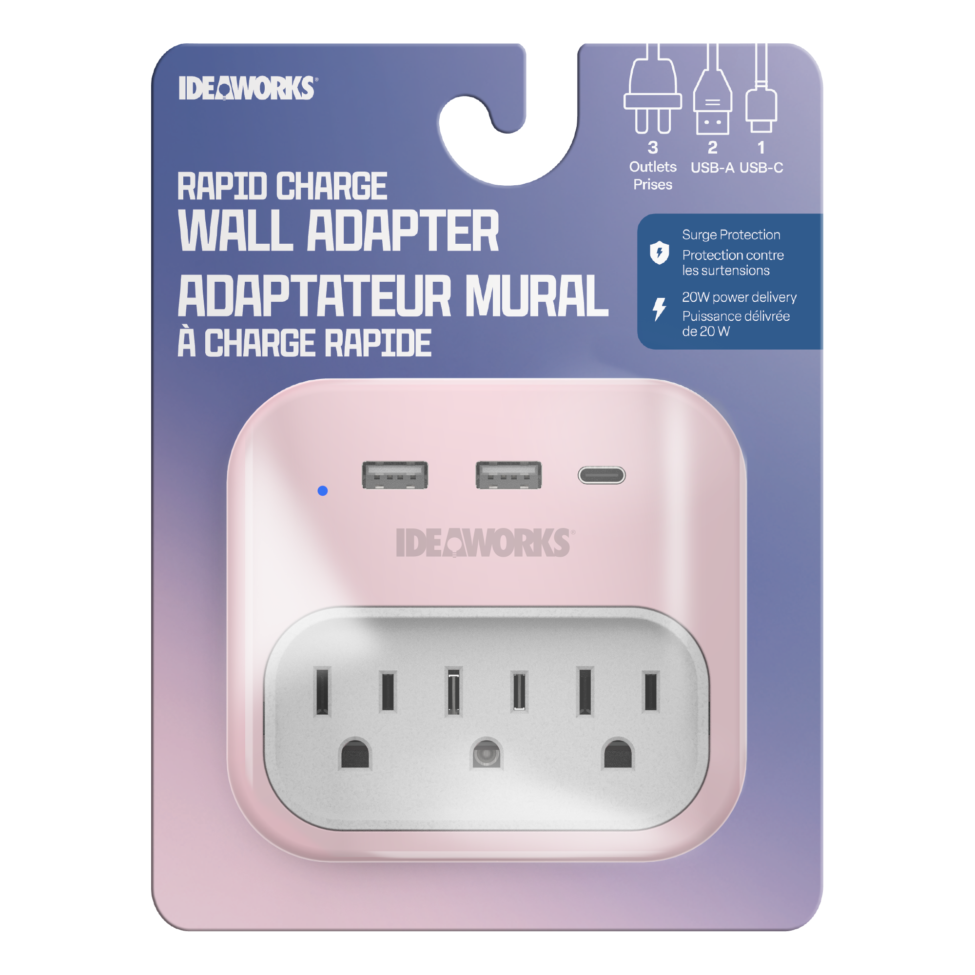 3 Outlet, 3 USB Rapid Charge Adapter - Pink - J121PN