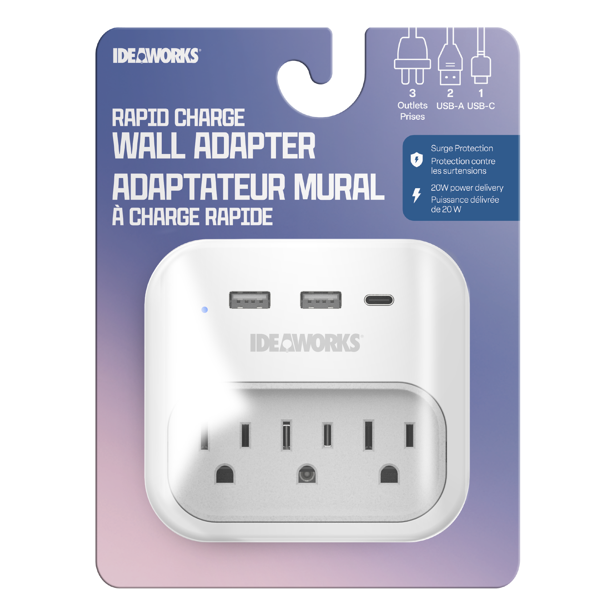 3 Outlet, 3 USB Rapid Charge Adapter - White - J121