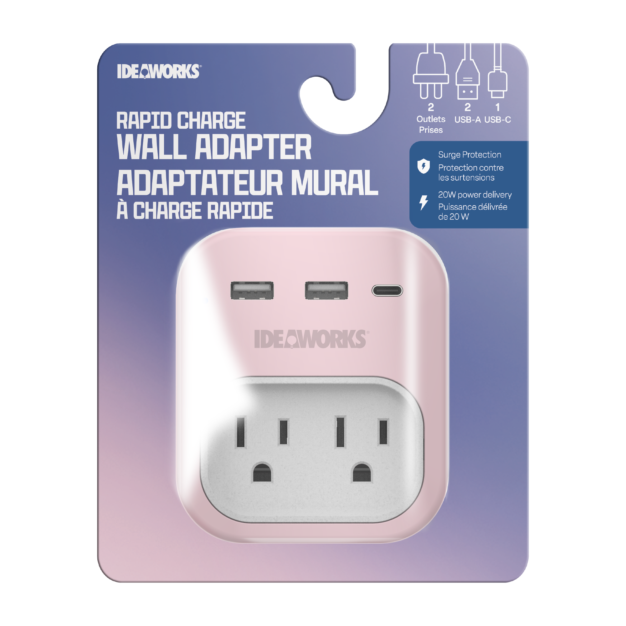 2 Outlet, 3 USB Rapid Charge Adapter - Pink - J120PN