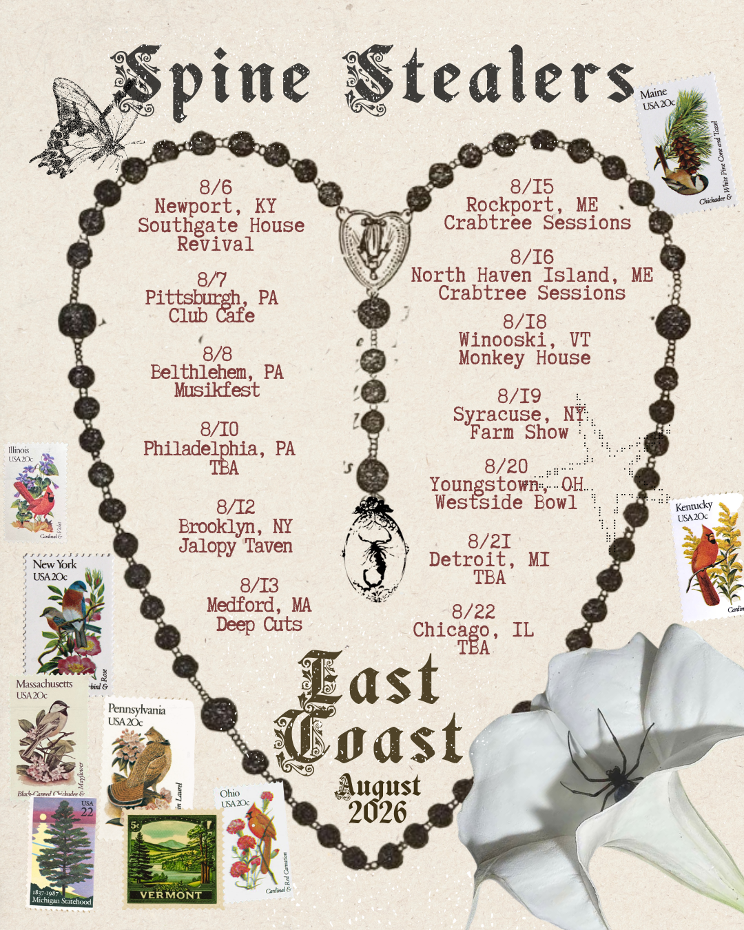 Schedule of events for the 'Spine Stealers' East Coast tour in August 2026, featuring dates and locations from Kentucky to Illinois. The poster includes a bead necklace with a pendant, decorative butterflies and birds, and postage stamps from various states.