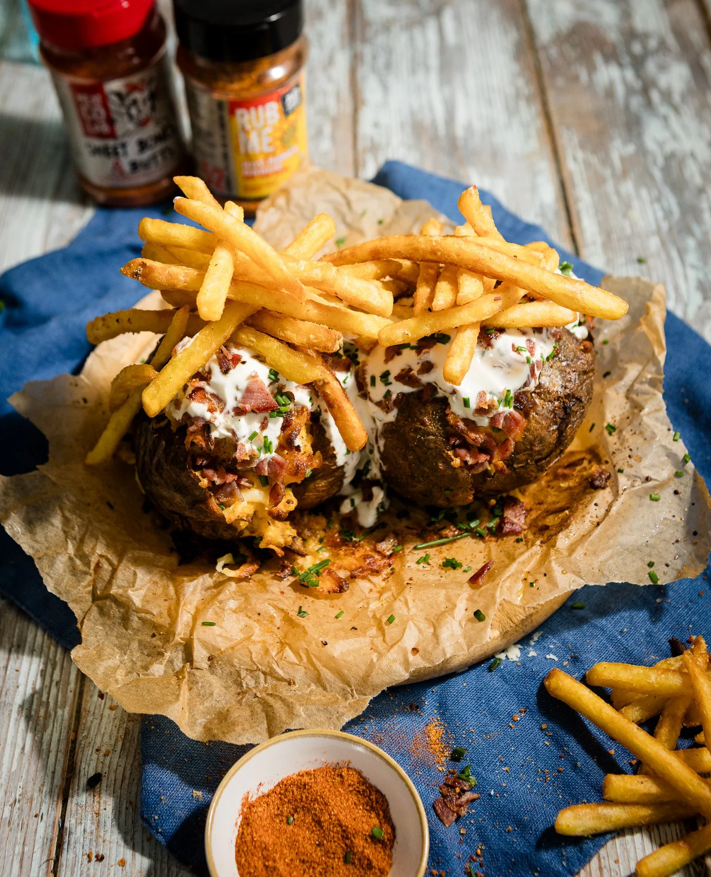 Hot Honey Garlic Chicken x Bacon loaded fries baked potato