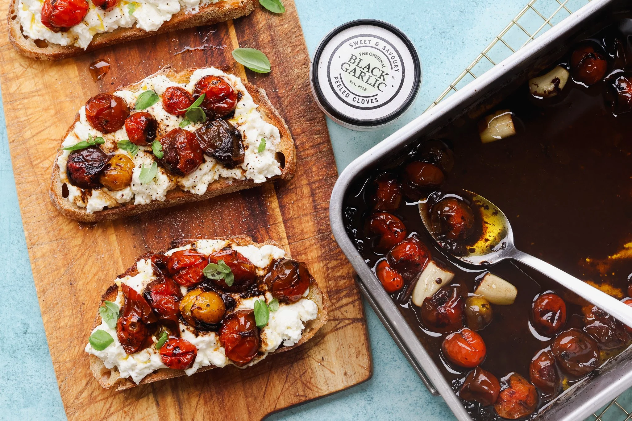 Confit Tomatoes with whipped feta & goats cheese on toast