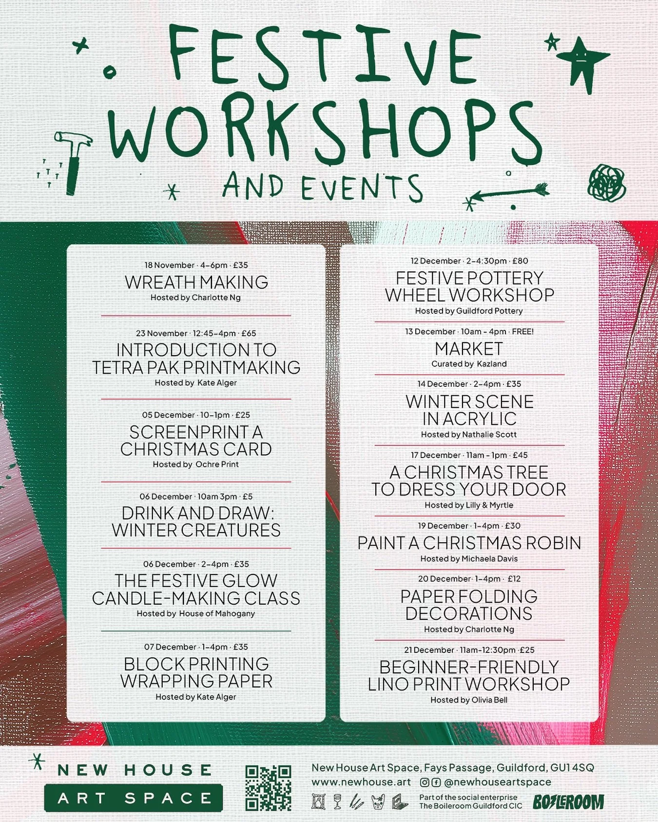 🎄✨ It&rsquo;s time to get festive and creative! 🎨💫
Join us for a season full of crafty fun - from wreath making and candle pouring to pottery, painting and printmaking! 🕯️🌿🎁

Come hang out, make something beautiful and get in the holiday spirit