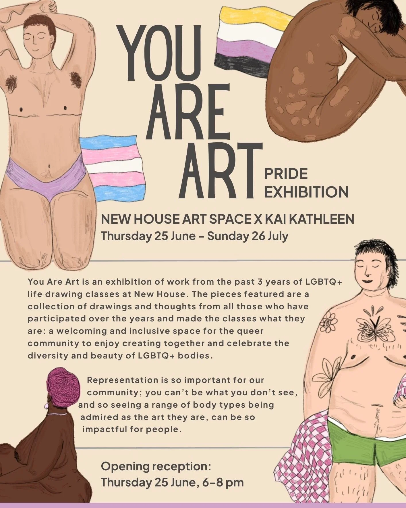 This PRIDE we&rsquo;re proud to present, You Are Art, a group showcase exhibition with artist Kai Kathleen&rsquo;s Queer Life Drawing community, running 25th June - 26th July. 

The pieces featured are a collection of drawings and thoughts from all t