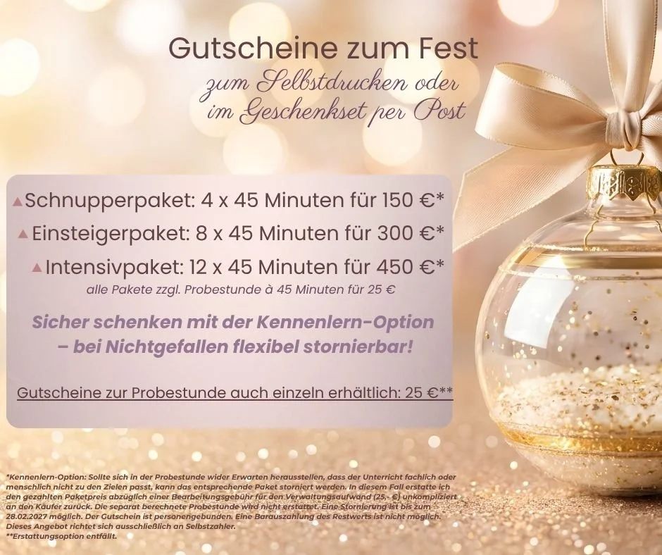 Geschenkgutschein für Online-Englischkurse zu Weihnachten mit Kennenlern-Option und flexibler Stornomöglichkeit für Selbstzahler