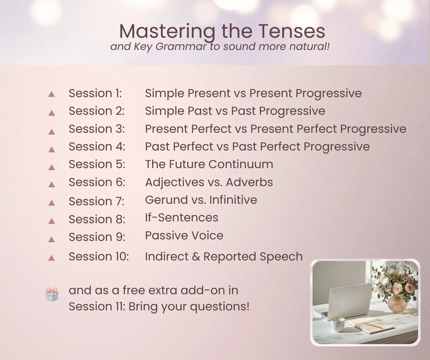 Detaillierter Lehrplan des Englischkurses mit Fokus auf Zeitformen, Passive Voice, If-Sentences und Indirect Speech.