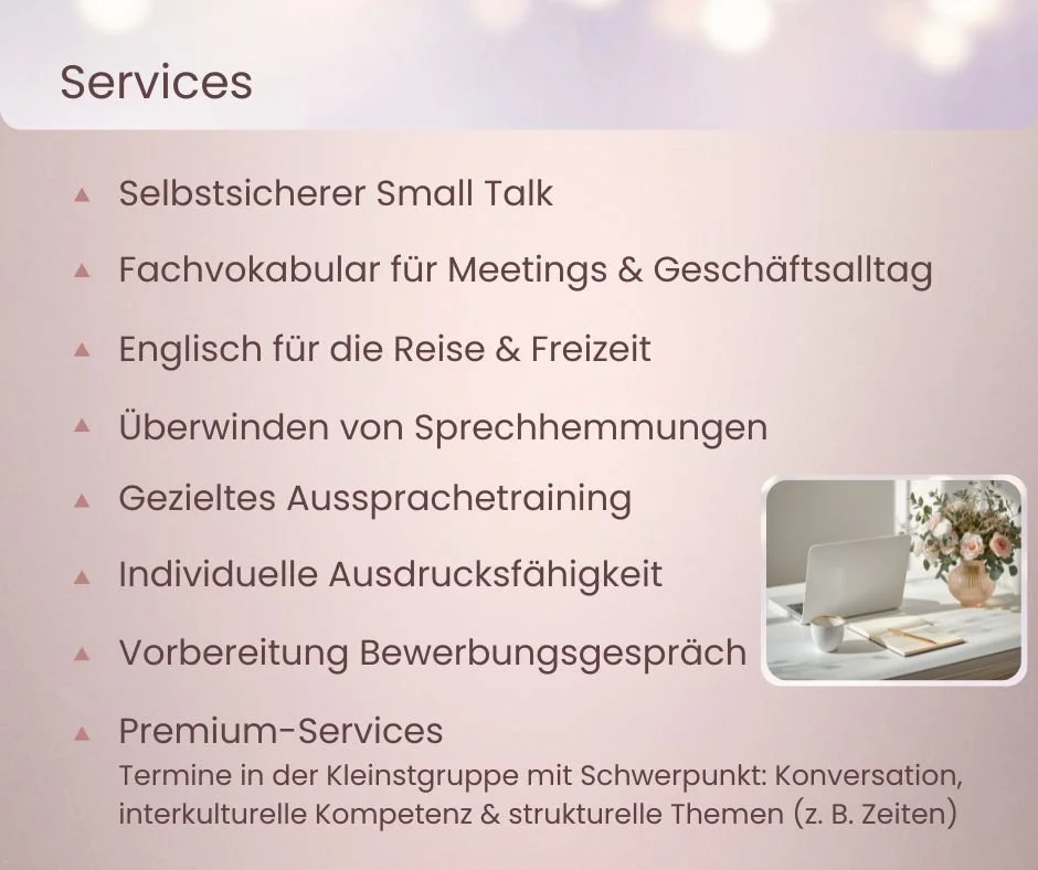 Übersicht der Premium-Services für selbstsicheren Small Talk, Fachvokabular, Aussprachetraining und den Abbau von Sprechhemmungen.