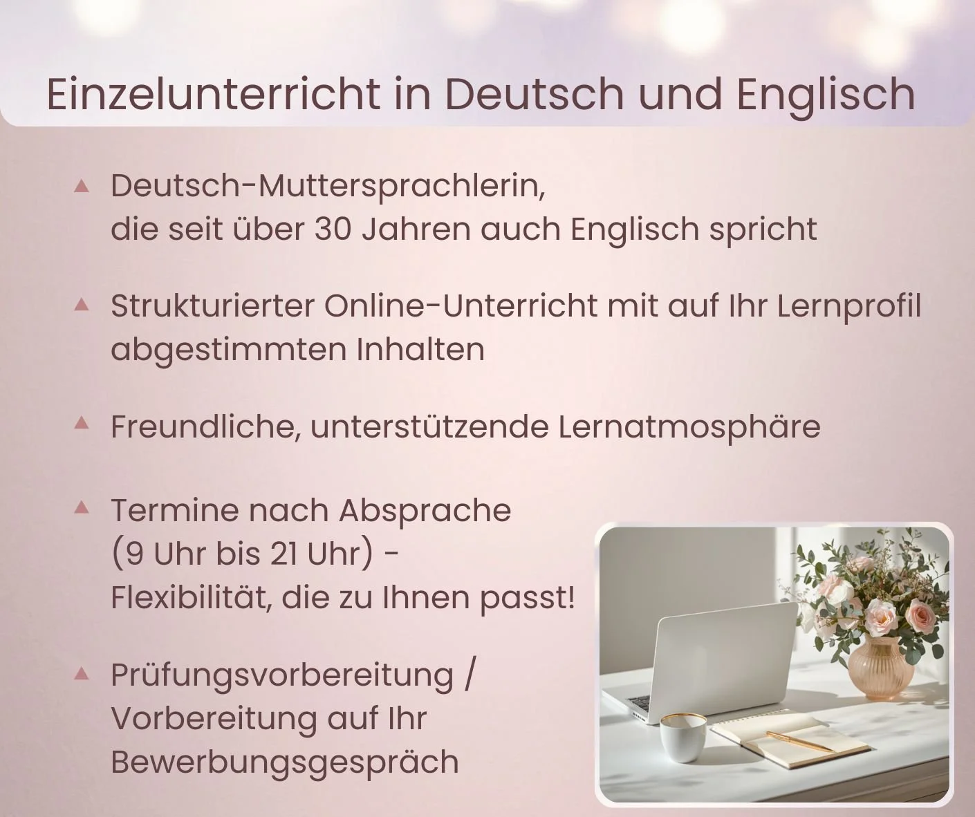 Strukturierter Online-Einzelunterricht für Deutsch und Englisch mit flexiblen Terminen und gezielter Prüfungsvorbereitung.