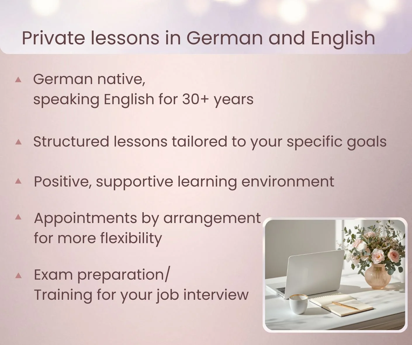 Structured private lessons in German and English tailored to professional career goals and job interview training.