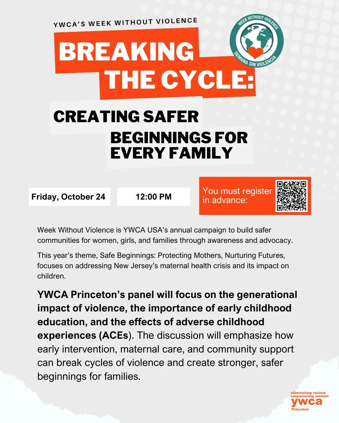 Today begins YWCA USA's Week Without Violence, an annual campaign to build safer communities for women, girls, and families through awareness and advocacy. 🧡💪✨
In honor of Week Without Violence the YWCA Princeton invites you to join us this Friday