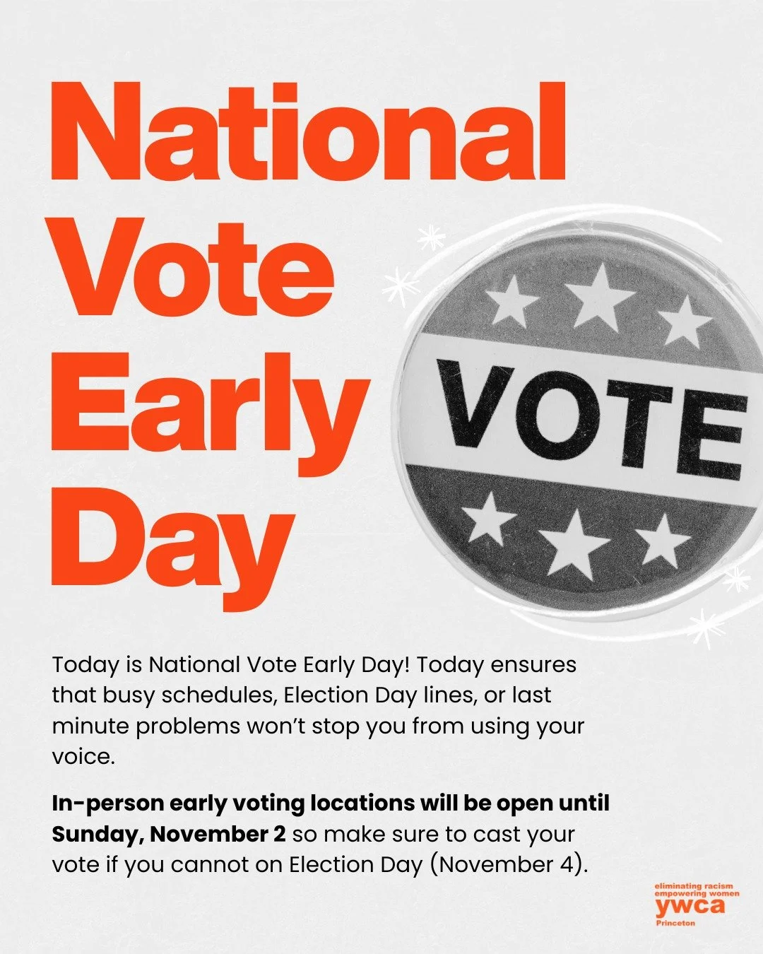 Today is National Vote Early Day ✅
Today ensures that busy schedules, Election Day lines, or last minute problems won’t stop you from using your voice. 📣
🌟In-person early voting locations will be open until Sunday, November 2 so make sure to