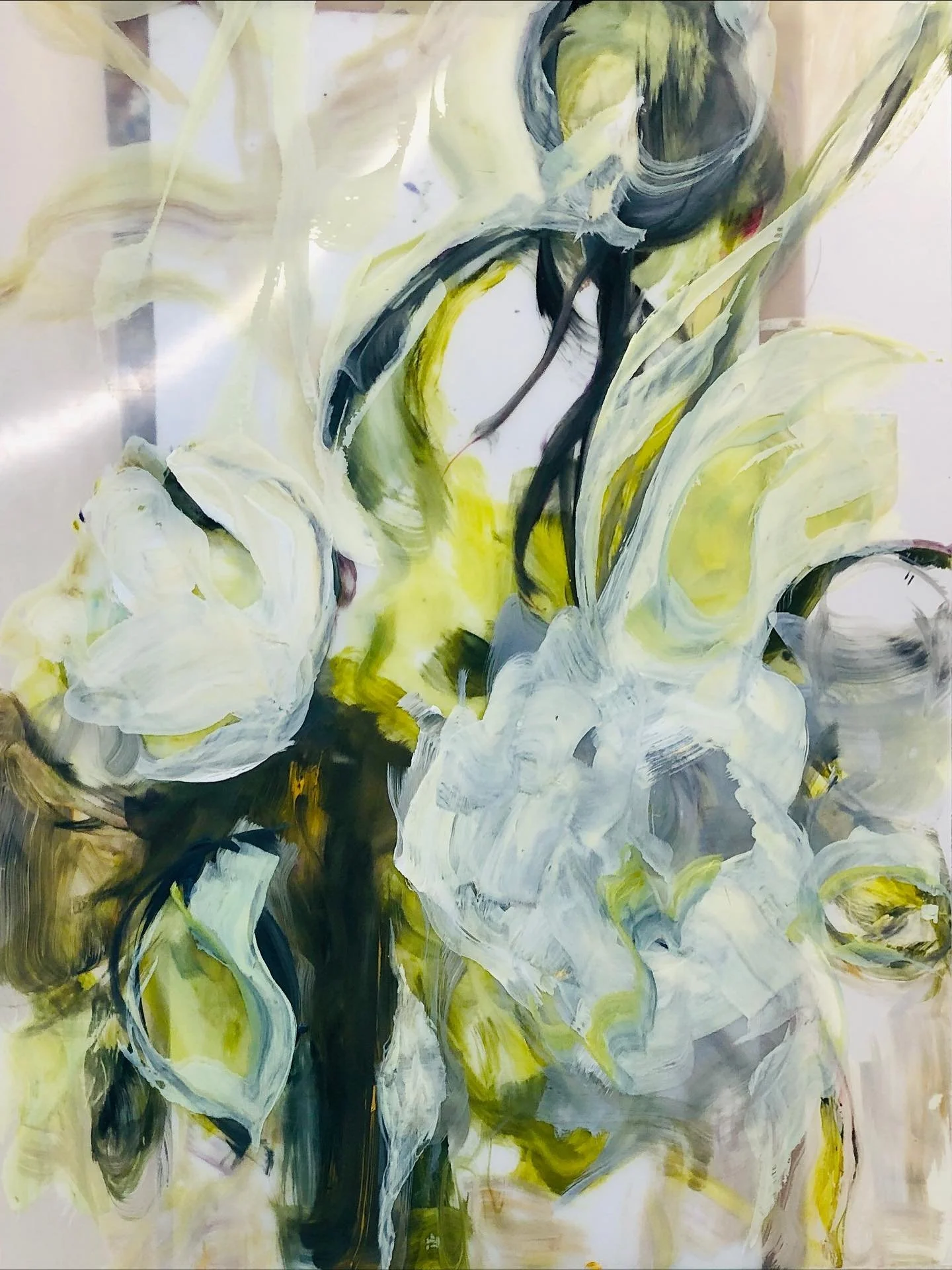 Painting on translucent plexiglass. The front and the back. Magic happens when you just paint. #ocadudrpt #contemporaryart #queenstreetwest