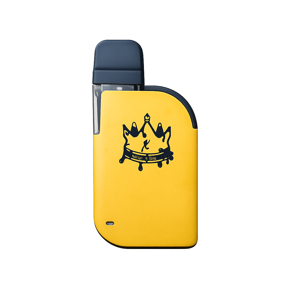 Cachimba electrónica de color amarillo con dibujo de una corona de trazo negro y etiqueta en la corona que dice 'VOLUME & LOVE'.