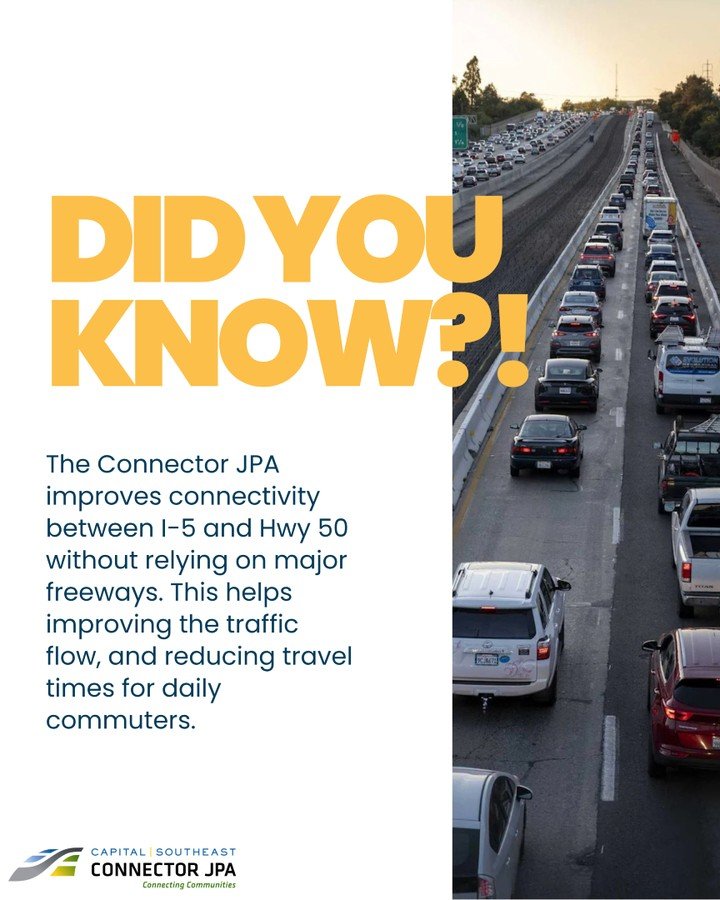 DID YOU KNOW?! 
The Connector JPA improves connectivity between I-5 and Hwy 50 without relying on major freeways. This helps improving the traffic flow, and reducing travel times for daily commuters. Safer roads, safer travels! 🚘
-
Follow the road a