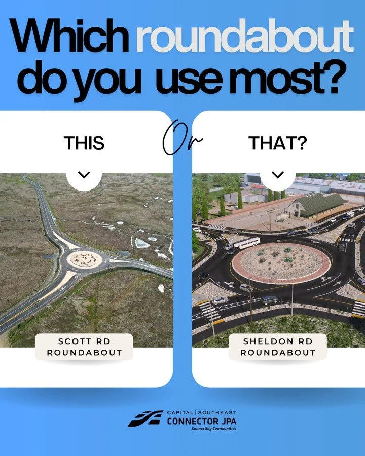 This or That Thursday! 
Which roundabout do you use most? 
⭕️ Scott Rd Roundabout vs. ⭕️ Sheldon Rd Roundabout
Comment your commute below! 
-
Follow the road ahead! 🛣️ Follow @connectorjpa &amp; the link in bio! ✅
.
.
.
#sacramento #california #expr