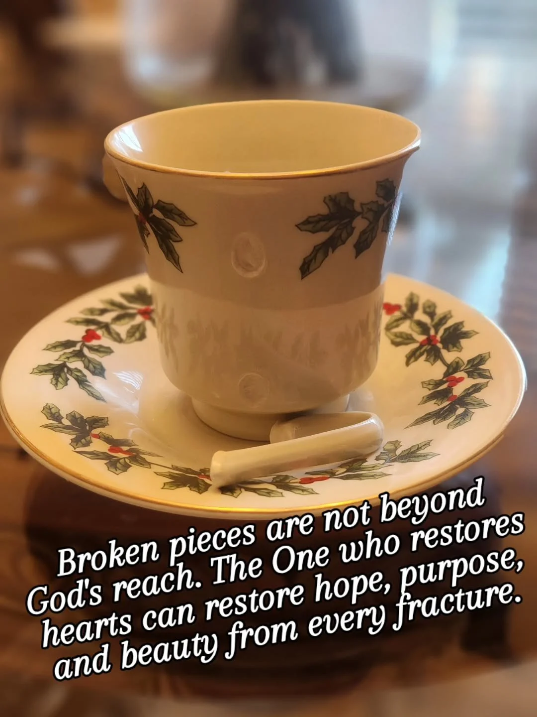 It's May, and yes I am now packing up Christmas china- long story (my surgery delayed the timeline). As I was beginning to pack it up I noticed a teacup's handle was broken.  Different thoughts came to mind and then my mind went to Romans and other p