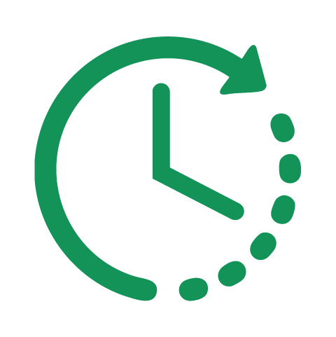Green clock icon with an arrow forming a circular motion and dotted line indicating time passage.