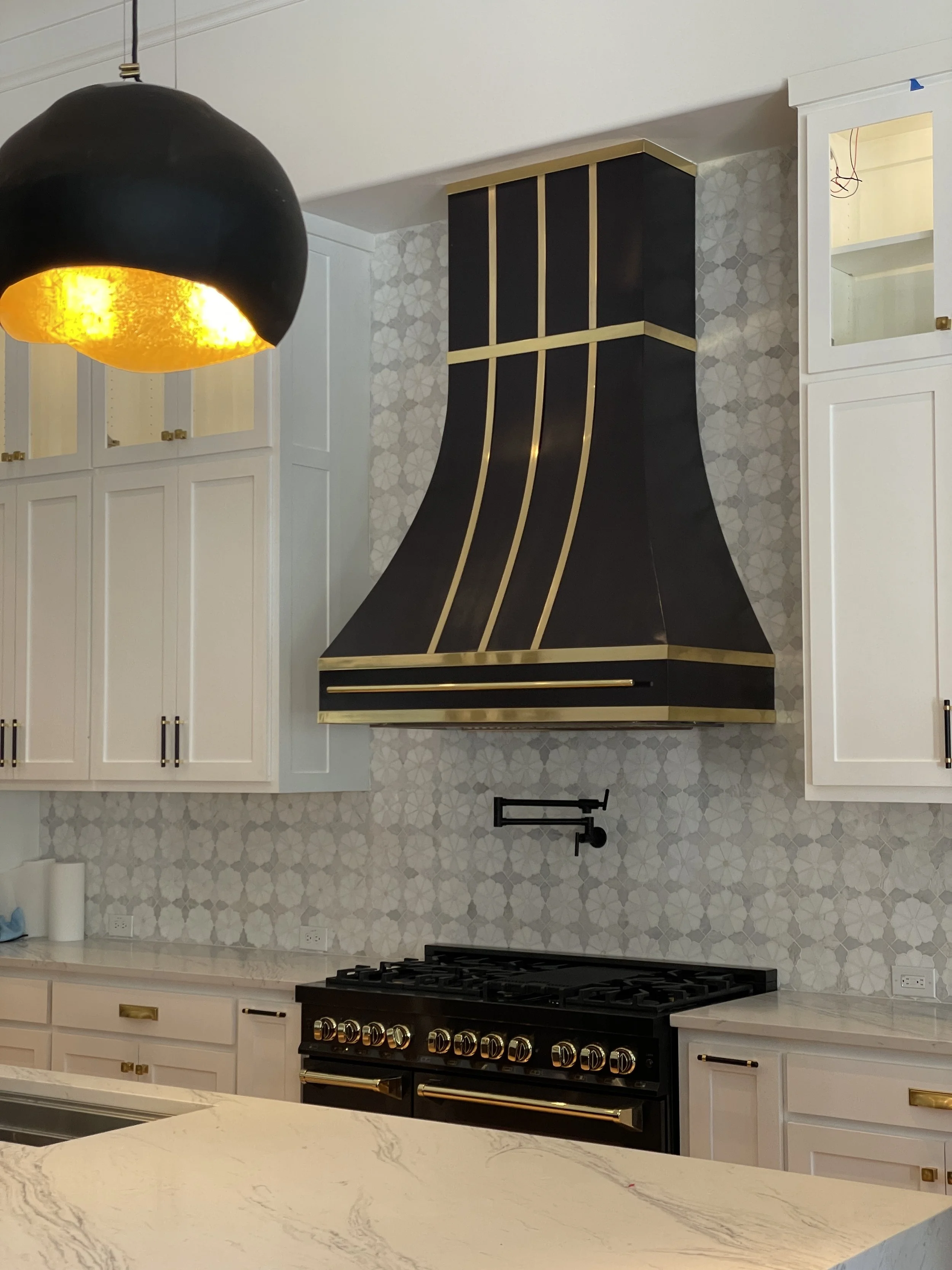 Custom Stainless Steel Range Hood Black and Gold — Monarch Metal Range