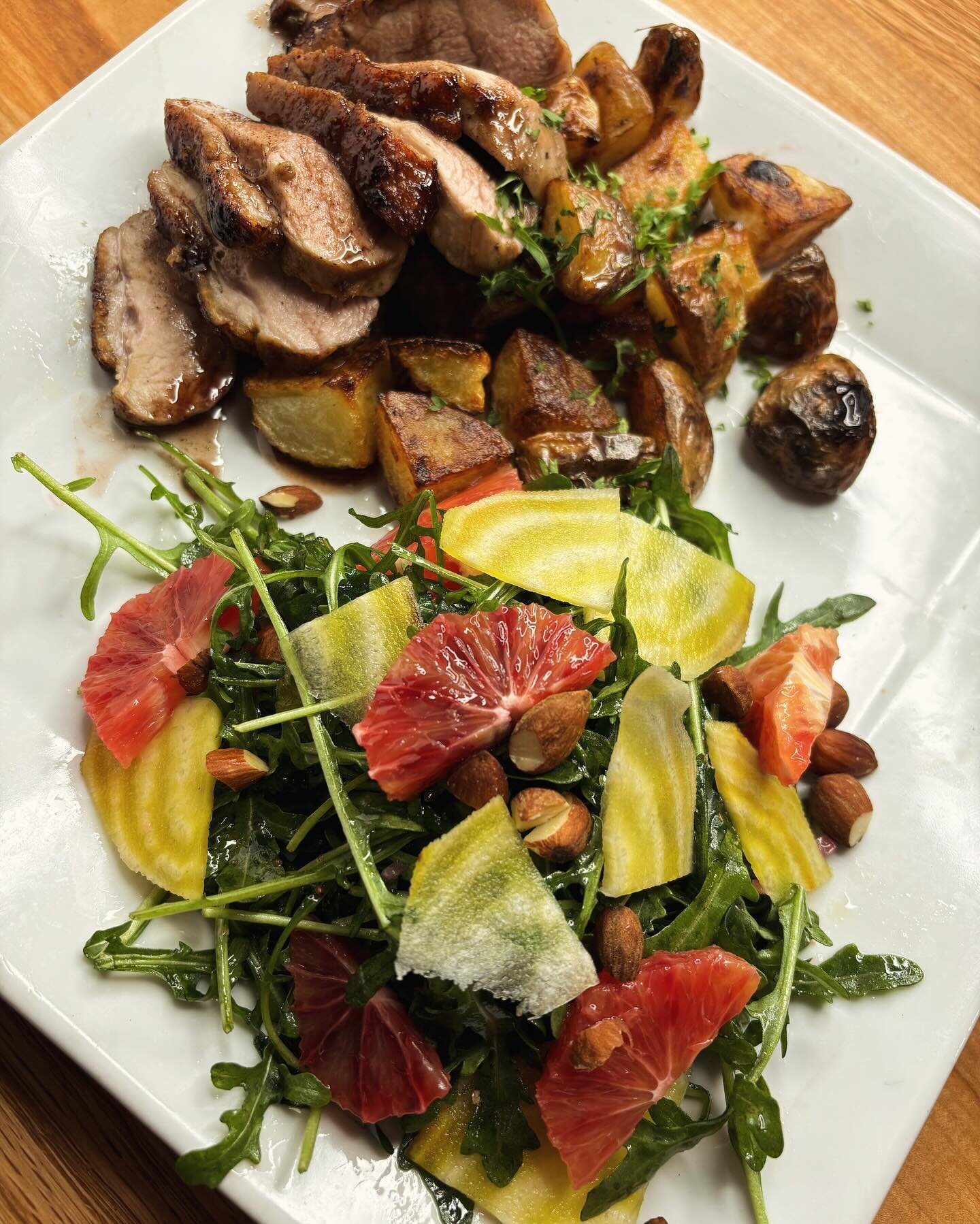 Tonight&rsquo;s Feature-

Spiced Glazed Duck served with Duck Fat Potatoes and a salad of Arugula, Shaved Beets, Blood Orange, Smoked Almonds and finished with a Pear Vinaigrette