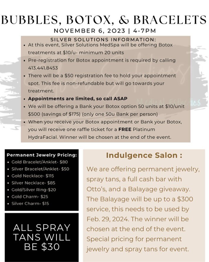 We have an event coming up November 6th! Swing by and check it out. Don&rsquo;t forget to preregister for Botox 💉 with @silversolutionsmedspa